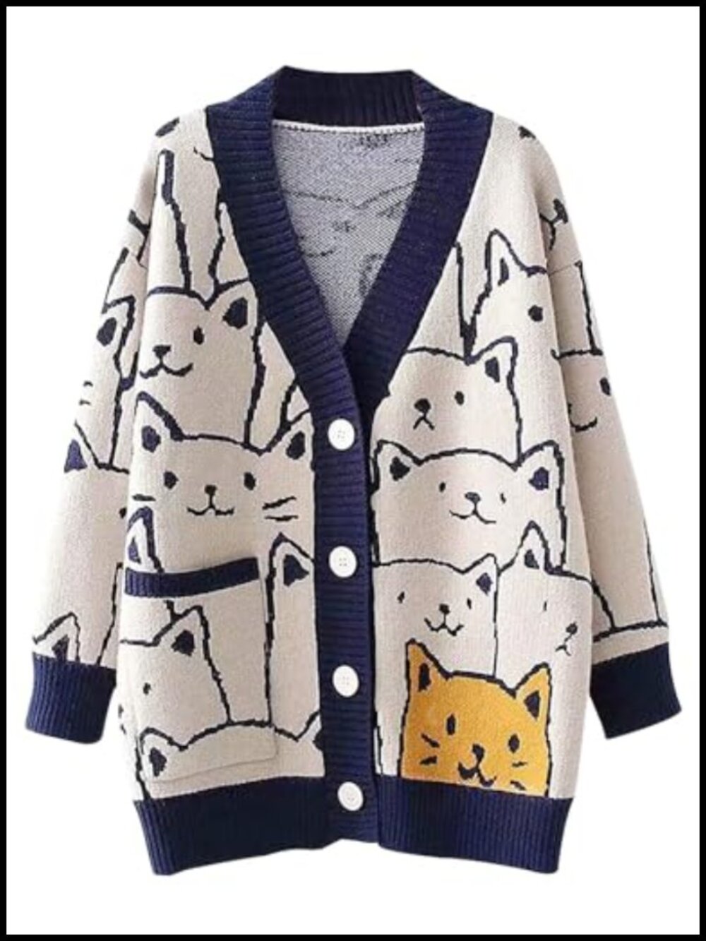 Oversized Kawaii Cat Print Knit Cardigan V-Neck Long Sleeve Sweater
